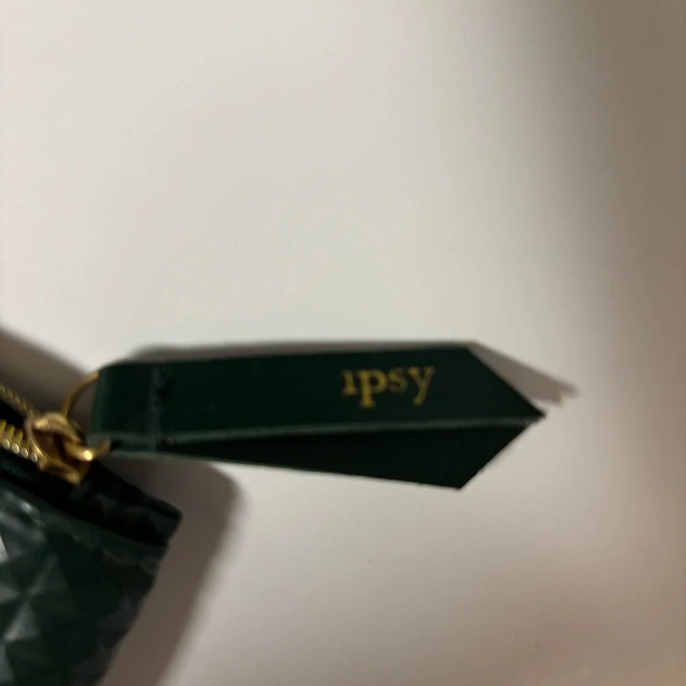 Ipsy Dark Green Textured Geometric Pyramid Makeup Bag Pink Interior Pouch